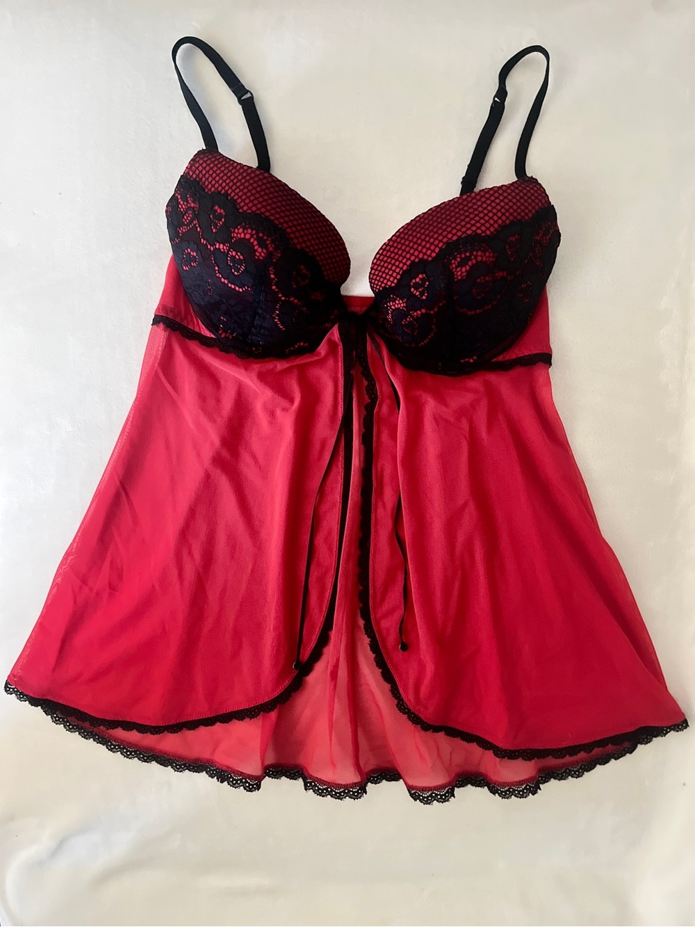La Senza Red & Black Sheer Mesh Lace Push-Up Babydoll Chemise - Size Large